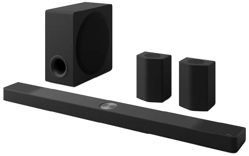 LG soundbar with subwoofer and rear speakers.