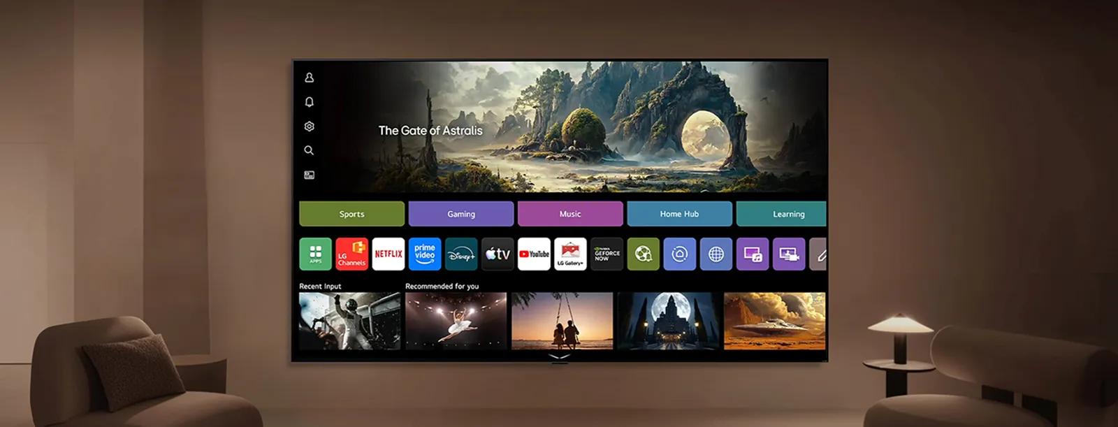 LG TV as an AI TV displays a home screen in a living space, showcasing apps like LG Channels and Netflix alongside recommended content, while the interface highlights direct access to hundreds of entertainment options.