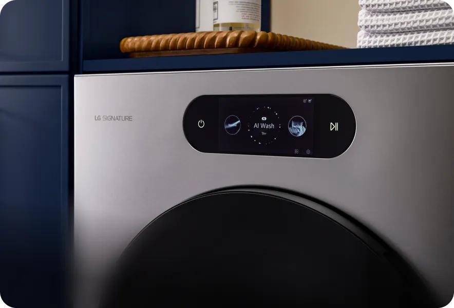 LG SIGNATURE washer control panel displaying AI-powered wash cycles on digital touchscreen, close-up view.