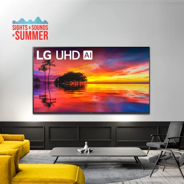 Sights and sounds of summer title badge. LG UHD Ai TV in a bright living room.