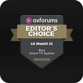AVForums Editor's Choice badge: LG WebOS 25, Best Smart TV System, 2025/2026.