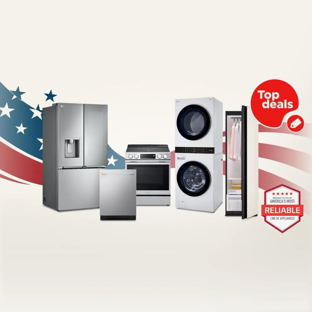 Top deals on LG appliances for Labor Day, featuring a French door refrigerator, dishwasher, electric range, WashTower, and LG Styler Steam Closet, with a "Brought to You by America's Most Reliable Line of Appliances" badge and American flag graphic in the background.