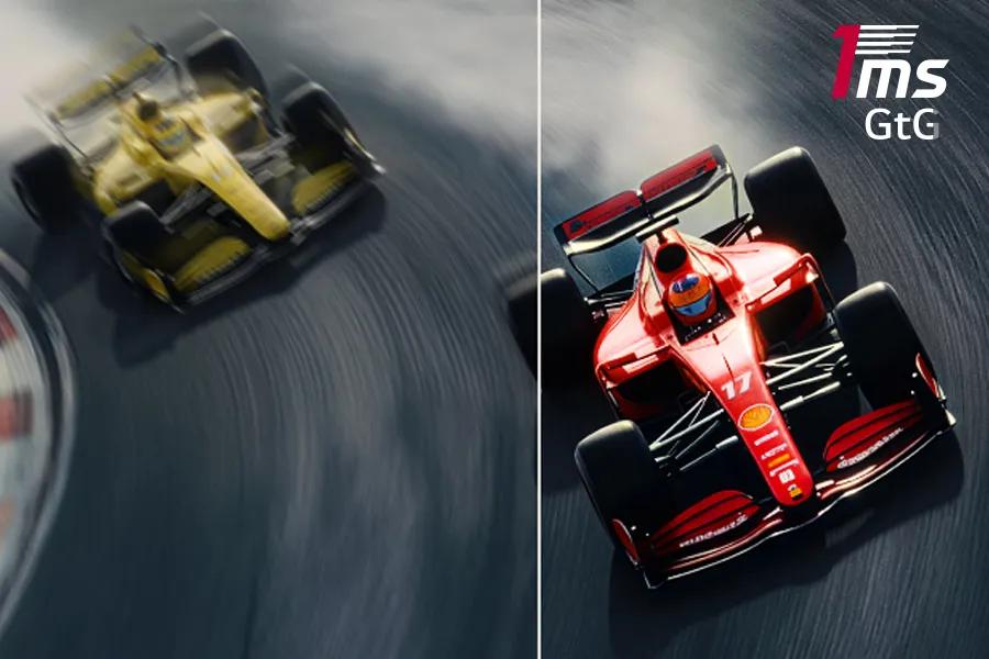 LG 27G64NA-B UltraGear Monitor with 1ms response time feature showing red and yellow racing cars on track