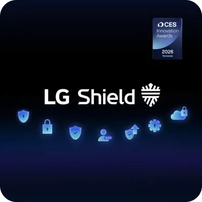 LG Shield logo with security and privacy feature icons, featuring CES Innovation Awards 2026 Honoree badge.