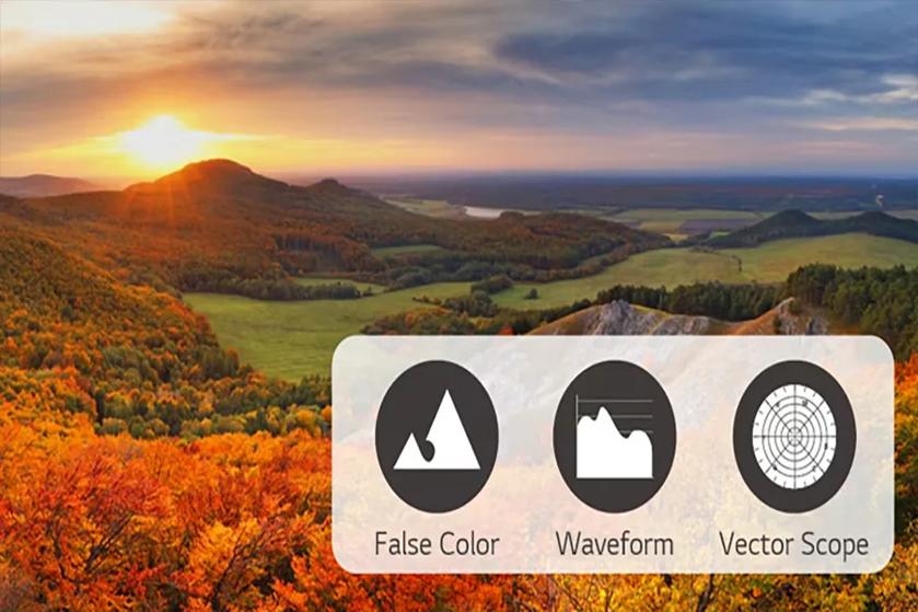 A sunset landscape with autumn foliage, overlaid with icons for False Color, Waveform, and Vector Scope.
