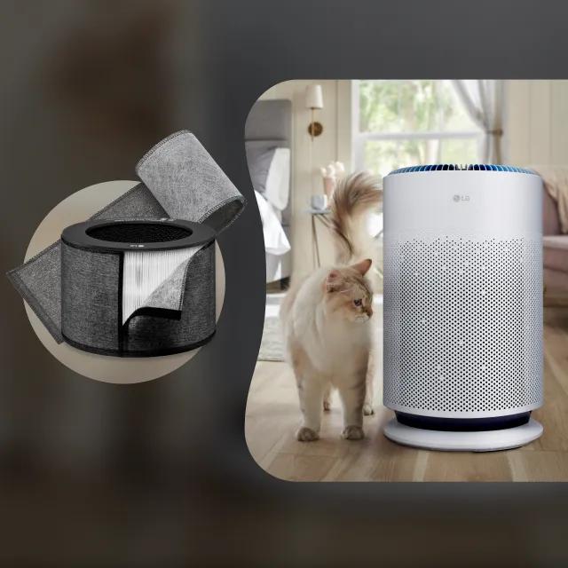 A cat stands next to an air purifier in a living room.