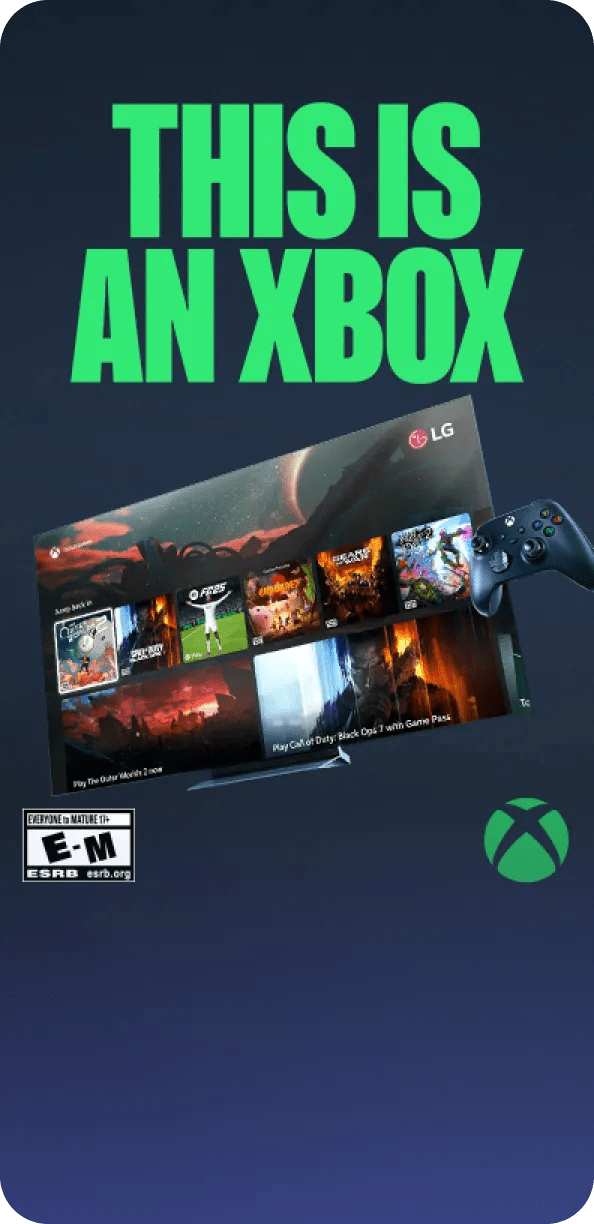 Bold green text “THIS IS AN XBOX” above an LG TV showing a game library interface, with an Xbox controller.
