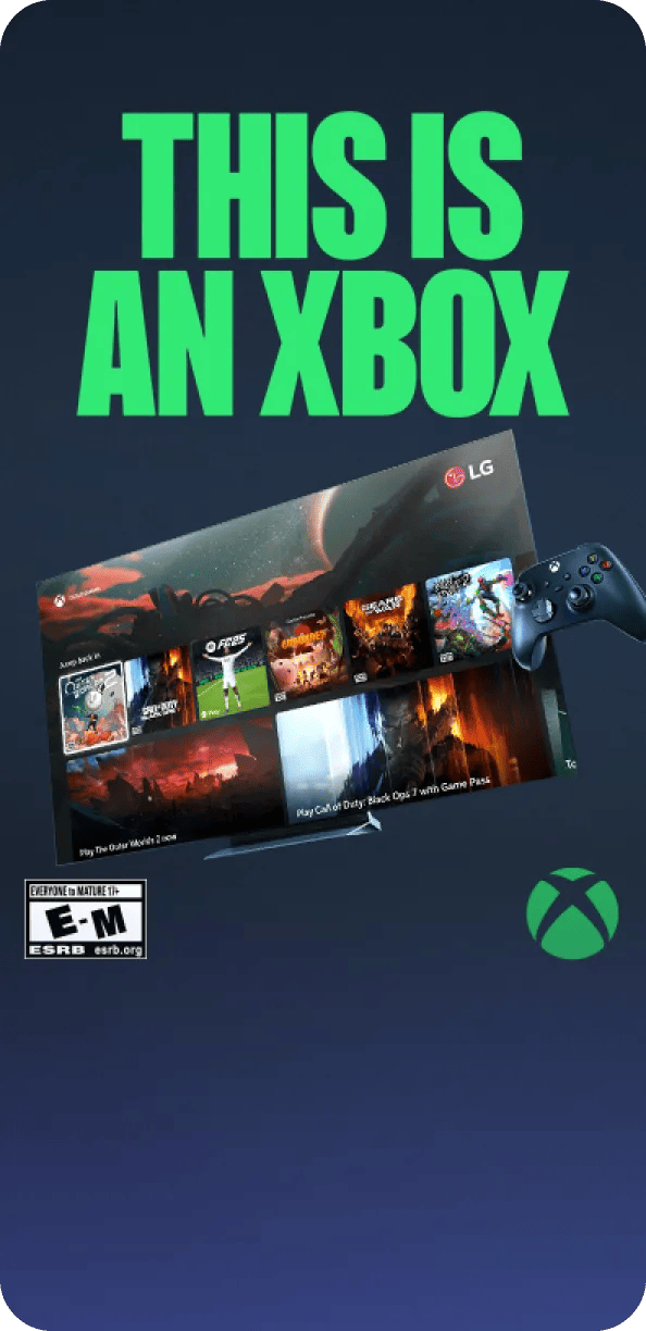 Bold green text “THIS IS AN XBOX” above an LG TV showing a game library interface, with an Xbox controller.
