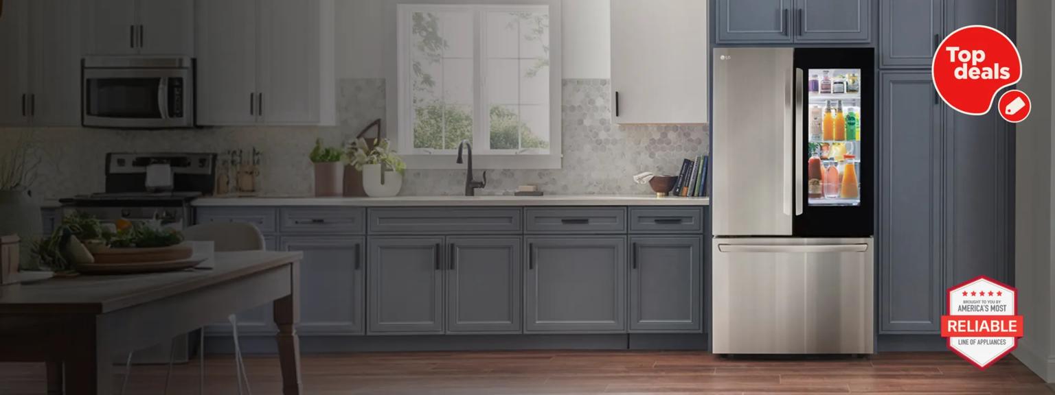 An LG InstaView Refrigerator in a stylish kitchen setting. “Top Deals” and “America’s Most Reliable Line of Home Appliances” badges. 