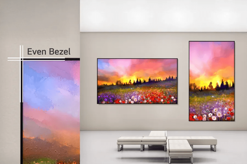 Interior with three digital screens displaying sunset landscapes and flowers.

Transcribed Text:

Even Bezel
