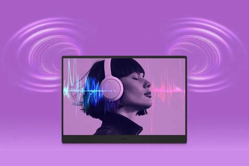 A woman with headphones and a soundwave on a monitor against a purple background.
