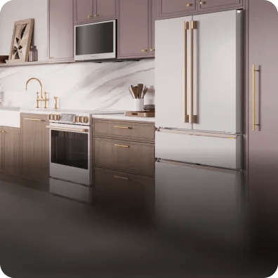 LG SIGNATURE Tailored Collection in a kitchen featuring soft-toned cabinetry, marble surfaces, brass accents, and adaptable design details.