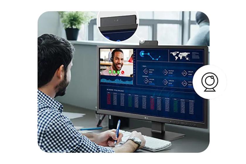 An office worker using an LG all-in-one cloud thin client, with a circular icon of a webcam.