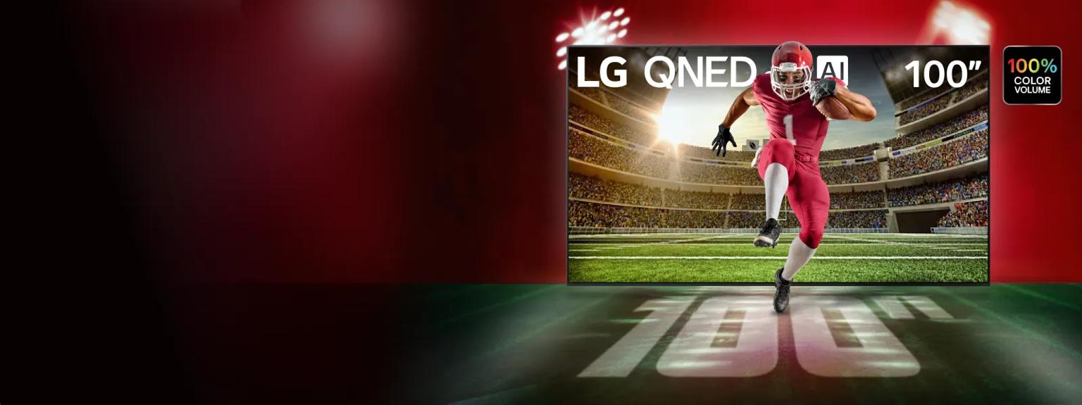 LG QNED TV on football field backdrop. Football player runs forward through TV screen. “100% Color Volume” badge. “100”” text below.