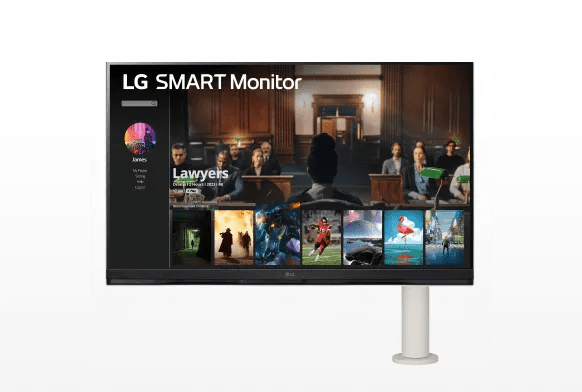 LG Smart Monitor 32SQ780S-W on white background displays a gallery of entertainment content.