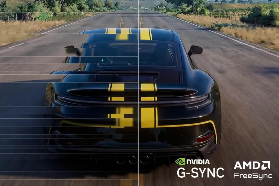 LG 27G414B-B UltraGear Monitor compatibility with NVIDIA G-SYNC and AMD FreeSync shown with split-screen gaming comparison