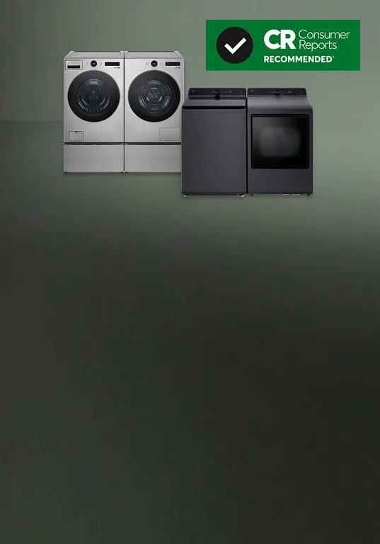 A white front-load washer and dryer pair next to a dark gray top-load washer and front-load washer with a Consumer Reports Recommended banner in the upper-right corner.