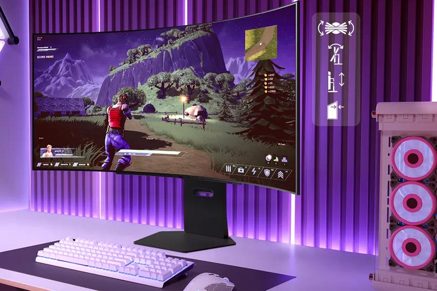 LG 45GX90SB-B UltraGear OLED Gaming Monitor in purple-lit gaming battlestation with keyboard and PC tower