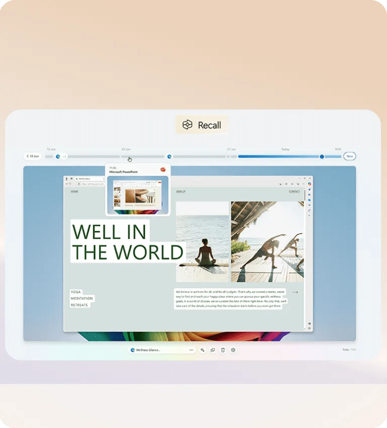 A digital screenshot showcasing Microsoft's Recall feature on a Windows interface, displaying a timeline and a restored window of a wellness-themed website with text and images.