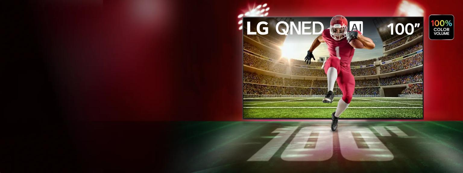 LG QNED TV on football field backdrop. Football player runs forward through TV screen. “100% Color Volume” badge. “100”” text below.