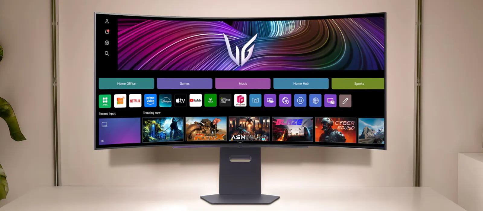 A curved LG UltraGear monitor displays a smart interface with app icons for streaming, gaming, music, and productivity, alongside a content row featuring popular games and entertainment options.