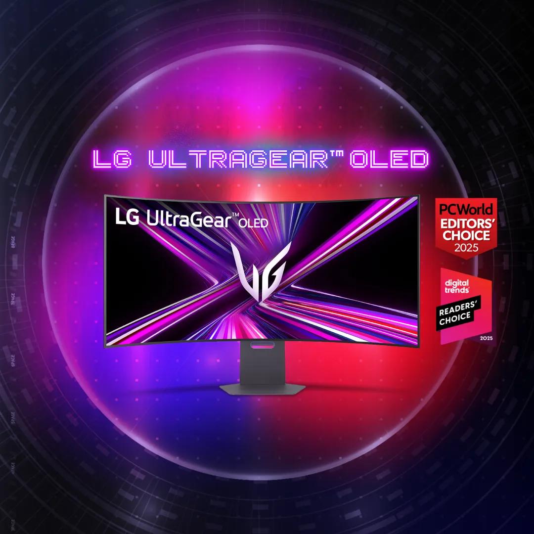 ”LG UltraGear OLED” title badge.  An UltraGear OLED Monitor appears on a purple background. “PCWorld Editors’ Choice 2025” badge. “Digital Trends Readers’ Choice 2025” badge. 