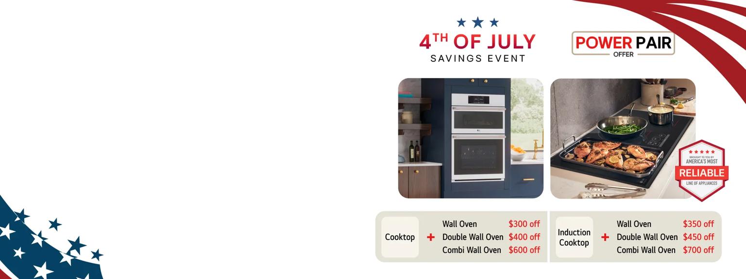 "4TH OF JULY Savings Event" title badge. A group of cooking appliances on a stars and stripes background.