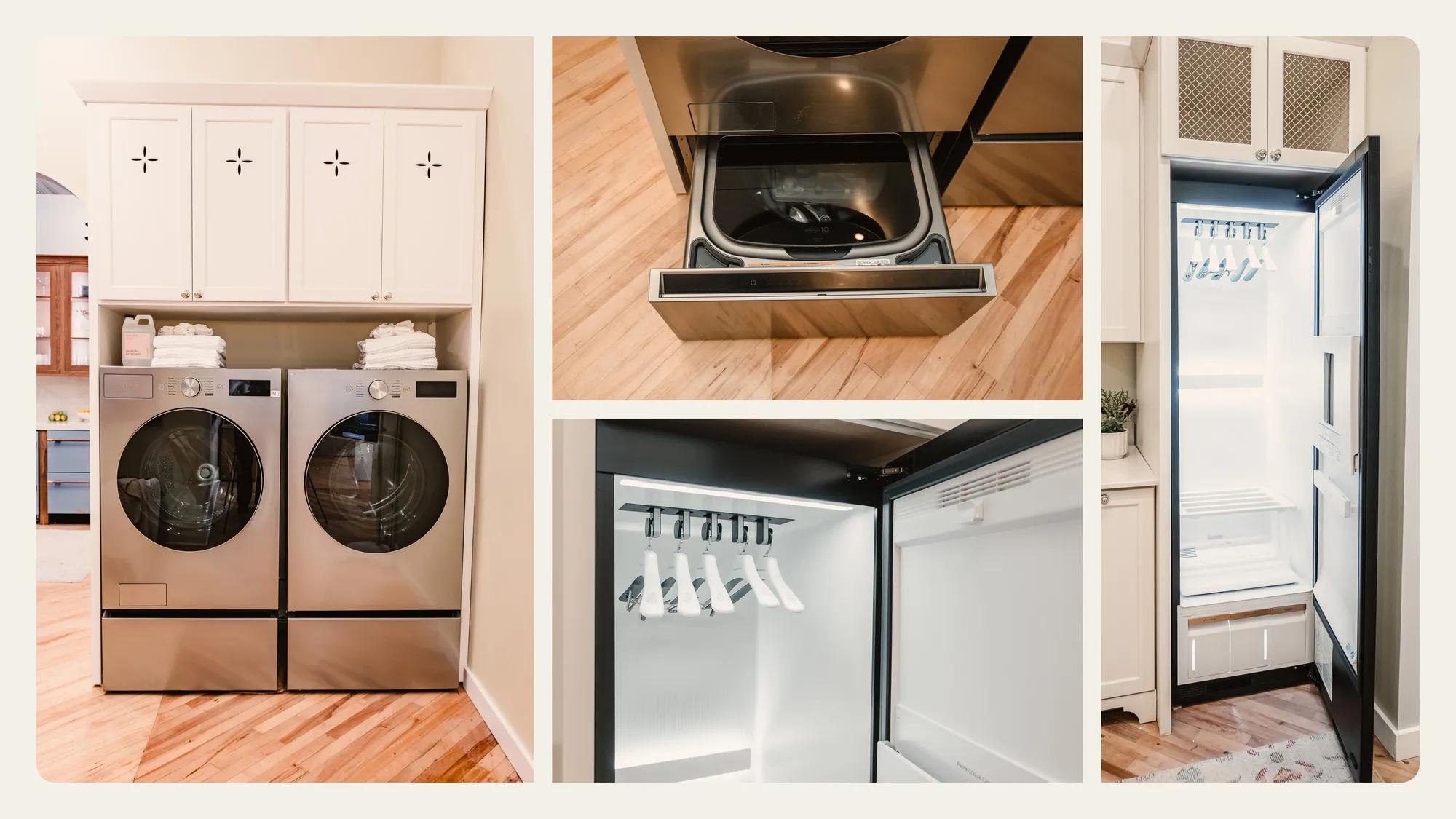 A laundry room with a stainless steel front-load washer and dryer on pedestal drawers, a pull-out mini washer, and a tall clothing care cabinet with lit hangers inside.