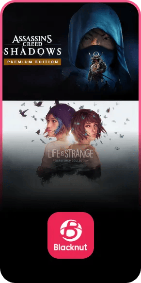 webOS gaming promotion featuring Assassin's Creed Shadows Premium Edition and Life is Strange Remastered Collection game art on a mobile device display, with Blacknut app logo below.