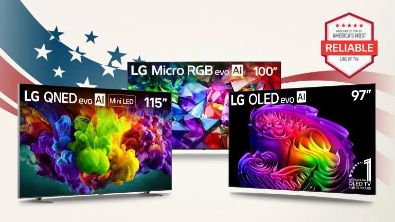 Various LG TVs appear on a stars and stripes background. “America’s Most Reliable line of TVs” badge.