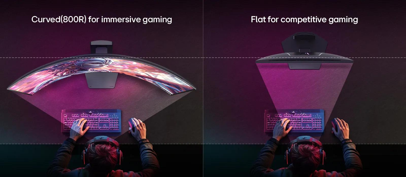 Top view comparison of a gamer at a desk using two monitors: on the left, a curved 800R display for immersive gaming with a wider field of view, and on the right, a flat display designed for competitive gaming with a focused straight view.