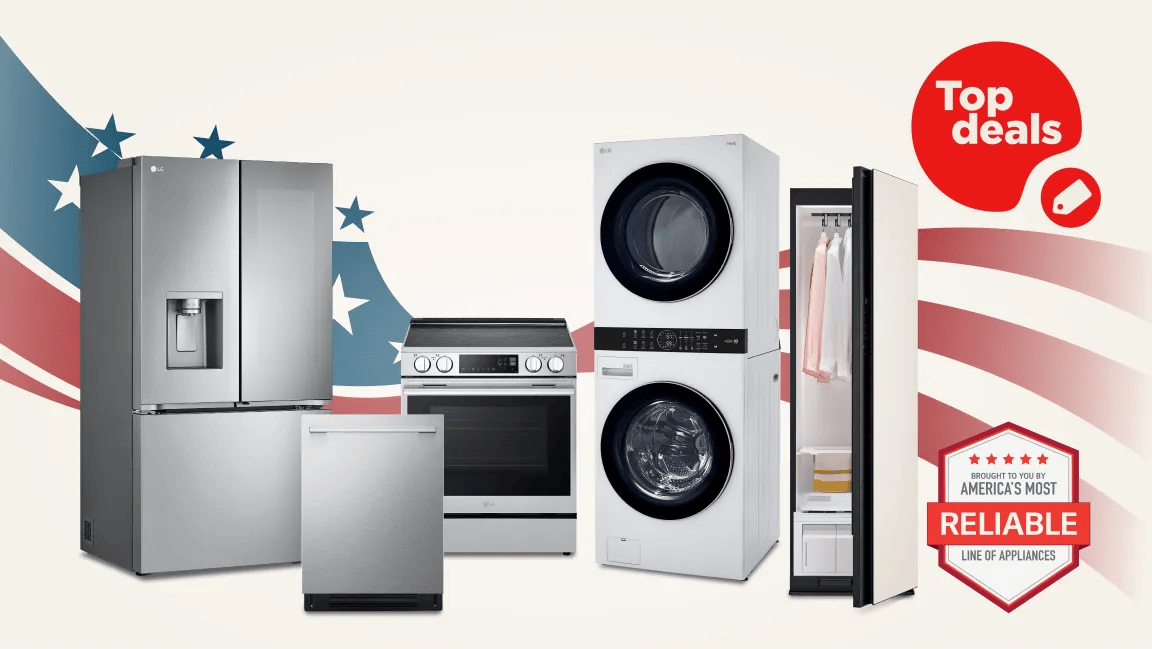 Labor Day Top Deals featuring LG French Door refrigerator, dishwasher, range, WashTower, and LG Styler Steam Closet against a patriotic flag backdrop, with "Top deals" callout and "brought to you by America's Most Reliable Line of Appliances" badge
