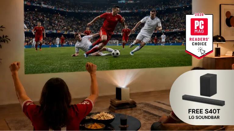 A group of friends watch a soccer screen with an LG projector from a living room. “FREE LG Soundbar” pop-out text. “2026 PC MAG Readers’ Choice” badge.