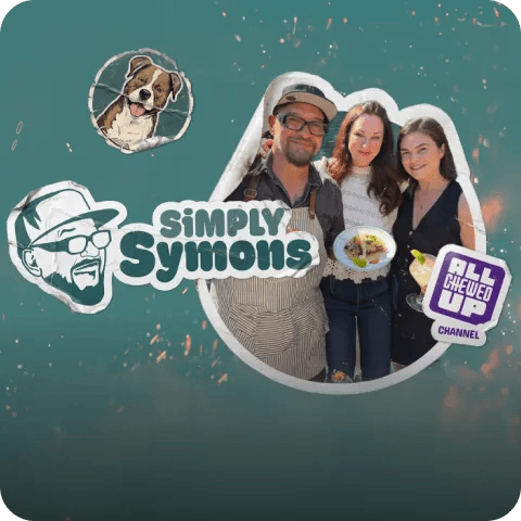 Promotional graphic for the Simply Symons show, featuring the main characters in a kitchen setting.