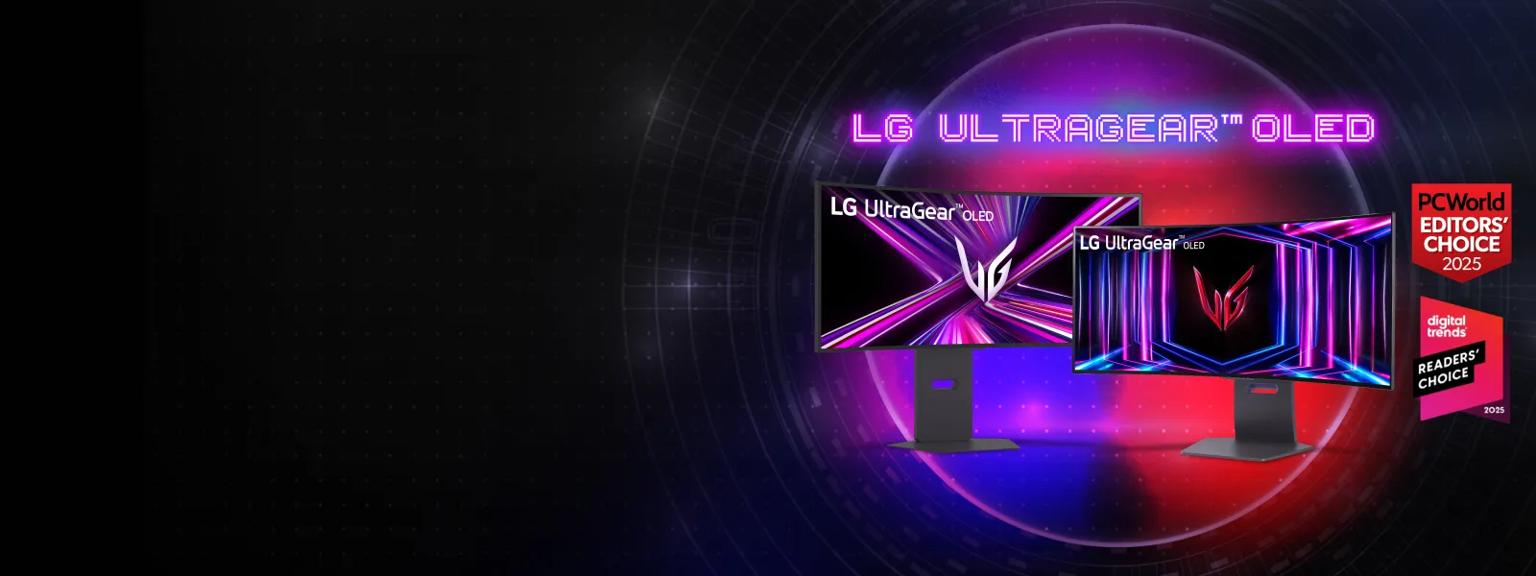 ”LG UltraGear OLED” title badge.  An UltraGear OLED Monitor appears on a purple background. “PCWorld Editors’ Choice 2025” badge. “Digital Trends Readers’ Choice 2025” badge. 