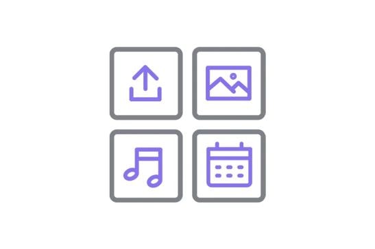 A grid of four icons: upload, image, music, and calendar.