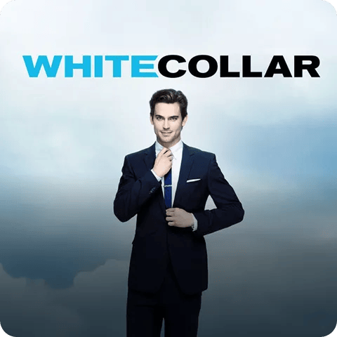 Promotional graphic for the White Collar show, featuring the main characters in a professional setting.