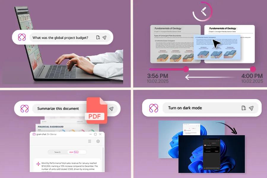 LG Gram 14Z95U-G.AU86U1 laptop showing on-device AI features including search queries, document summarization, study tools, and dark mode settings