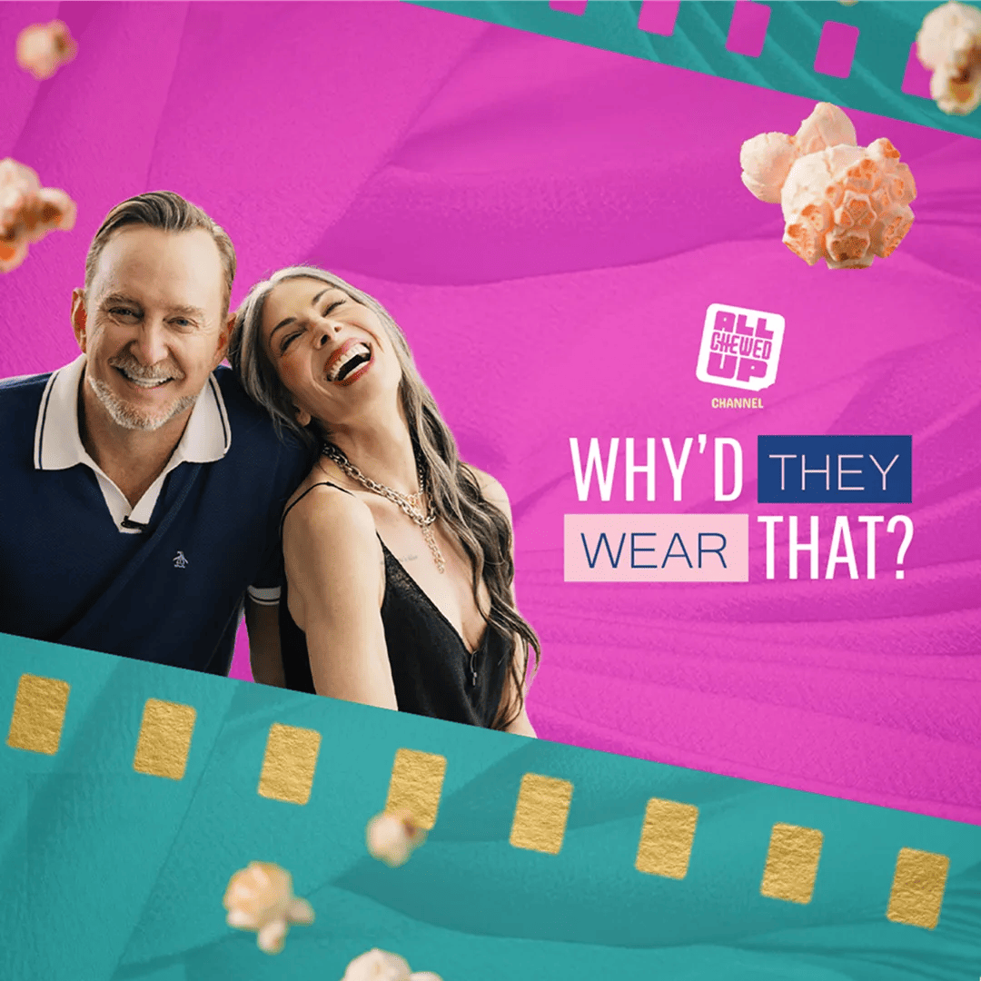 Two hosts laughing on All Chewed Up Channel show promotional graphic with text: WHY'D THEY WEAR THAT?