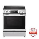 LG smart induction range with knob controls, in stainless steel. Next to it is the LG Reliability Badge that says, "Brought to you by America's most reliable line of appliances."