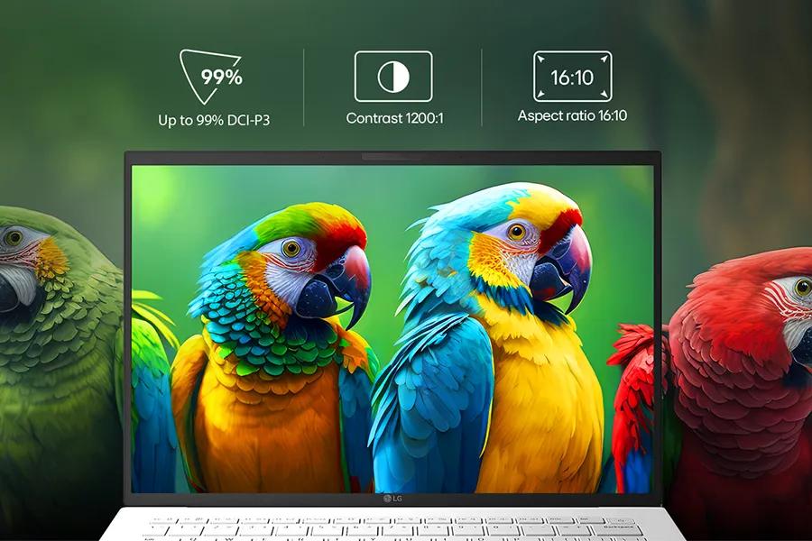 LG 14Z95U-G AU86U1 laptop display featuring vibrant parrot imagery showcasing 99% DCI-P3 color, 1200:1 contrast ratio, and 16:10 aspect ratio