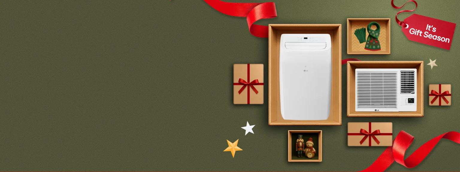 “It’s Gift Season” tag. Various LG air conditioners and holiday-themed items appear in a gift box collage layout. 