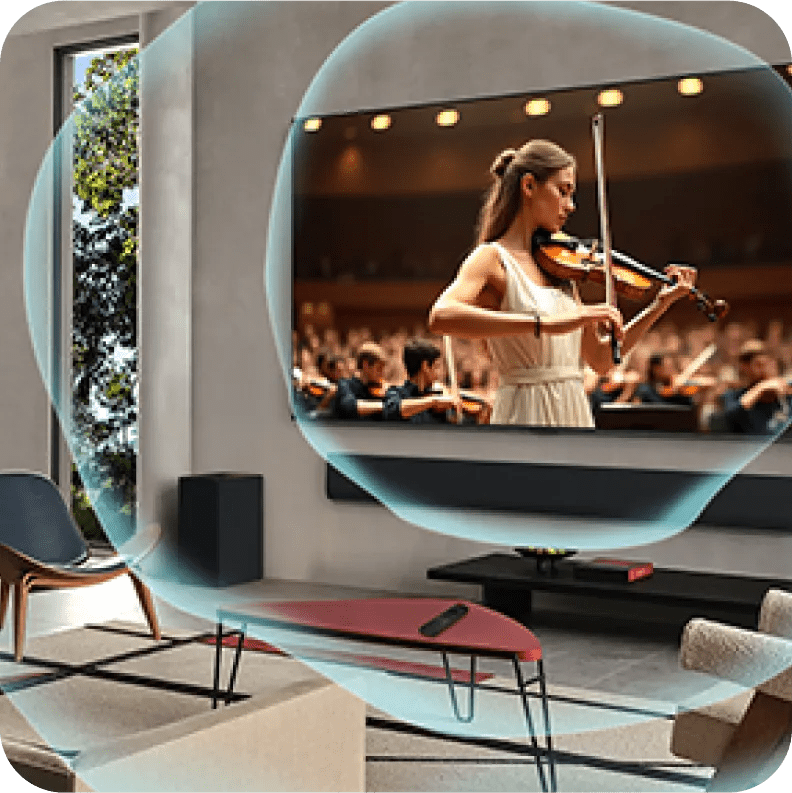 A modern living room with a large LG TV displaying a violinist performing on stage, with visual sound waves illustrating immersive, high-quality surround sound.