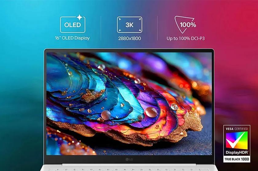 Bold colors fill the display of 16Z90U-K gram. Above, icons and text highlight features: 16" OLED Display. 3K 2880 x 1800. Up to 100% DCI-P3.