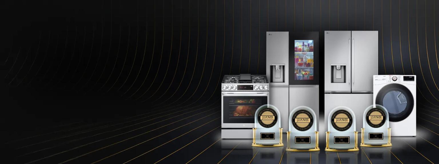 On a black background with a gold pattern, a lineup of an LG range, two refrigerators and a dryer. In front, four JD Power trophies are lined up.