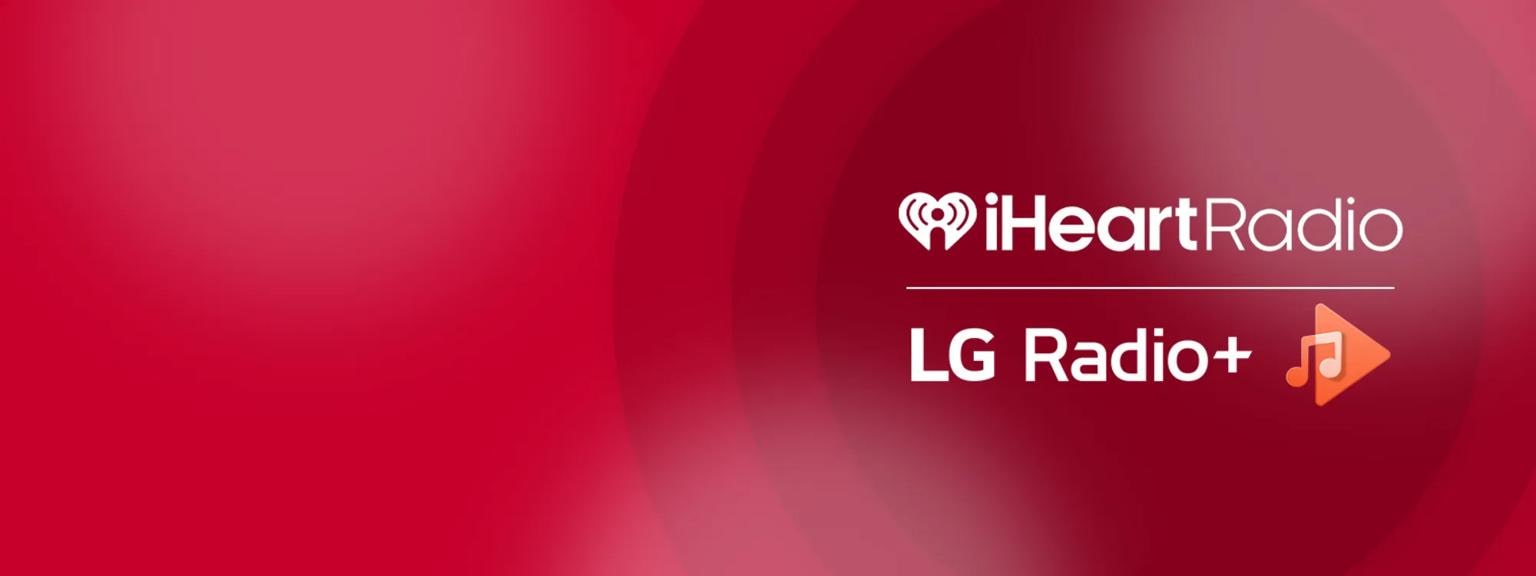 The logo for iHeartRadio and LG Radio+ displayed against a dark red background with concentric circular patterns.