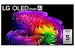 Colorful abstract screen image on an LG OLED evo AI, with 5-year limited panel warranty badge.