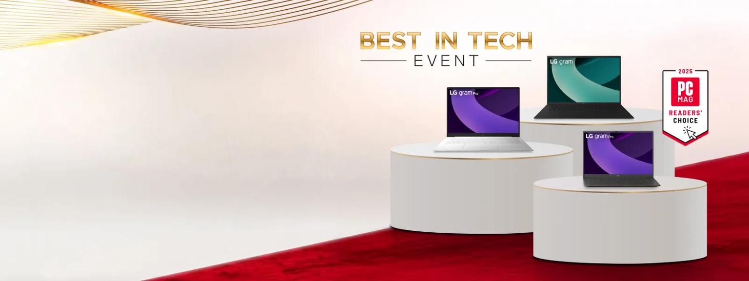“Best In Tech Event” title badge. A group of laptops appear on a red carpet. “2025 PC MAG Readers’ Choice” badges.