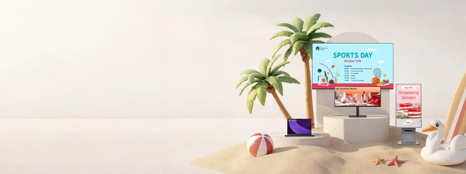Vibrant beach scene featuring a large digital screen announcing "Sports Day", an LG UltraWide monitor with abstract visuals, and a dessert menu display for "Strawberry Dessert", all surrounded by palm trees and a beach ball.