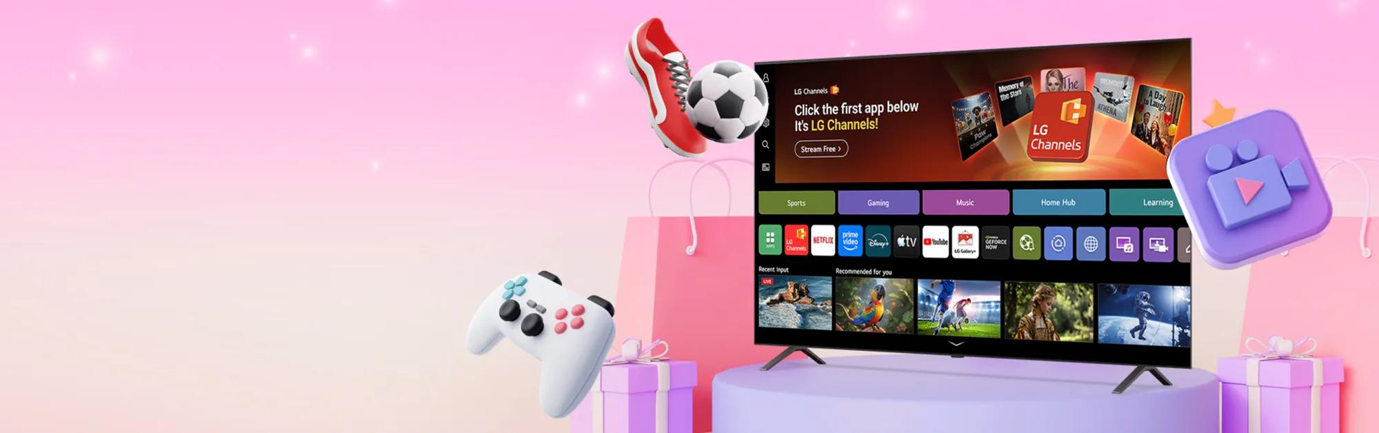 LG TV on a stand and on a pink background showing the webOS interface, with cgi versions of a soccer cleat, a soccer ball and a game controller in the frame.